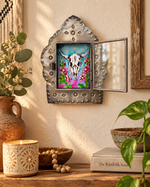 Desert Bloom | Original Longhorn Skull Painting in Mexican Tin Nicho