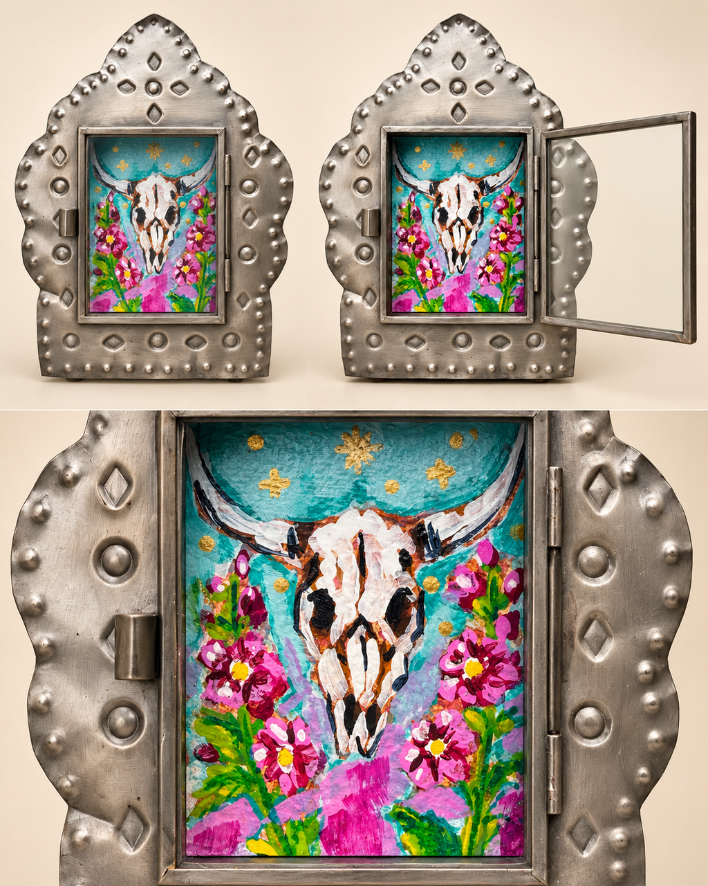 Desert Bloom | Original Longhorn Skull Painting in Mexican Tin Nicho