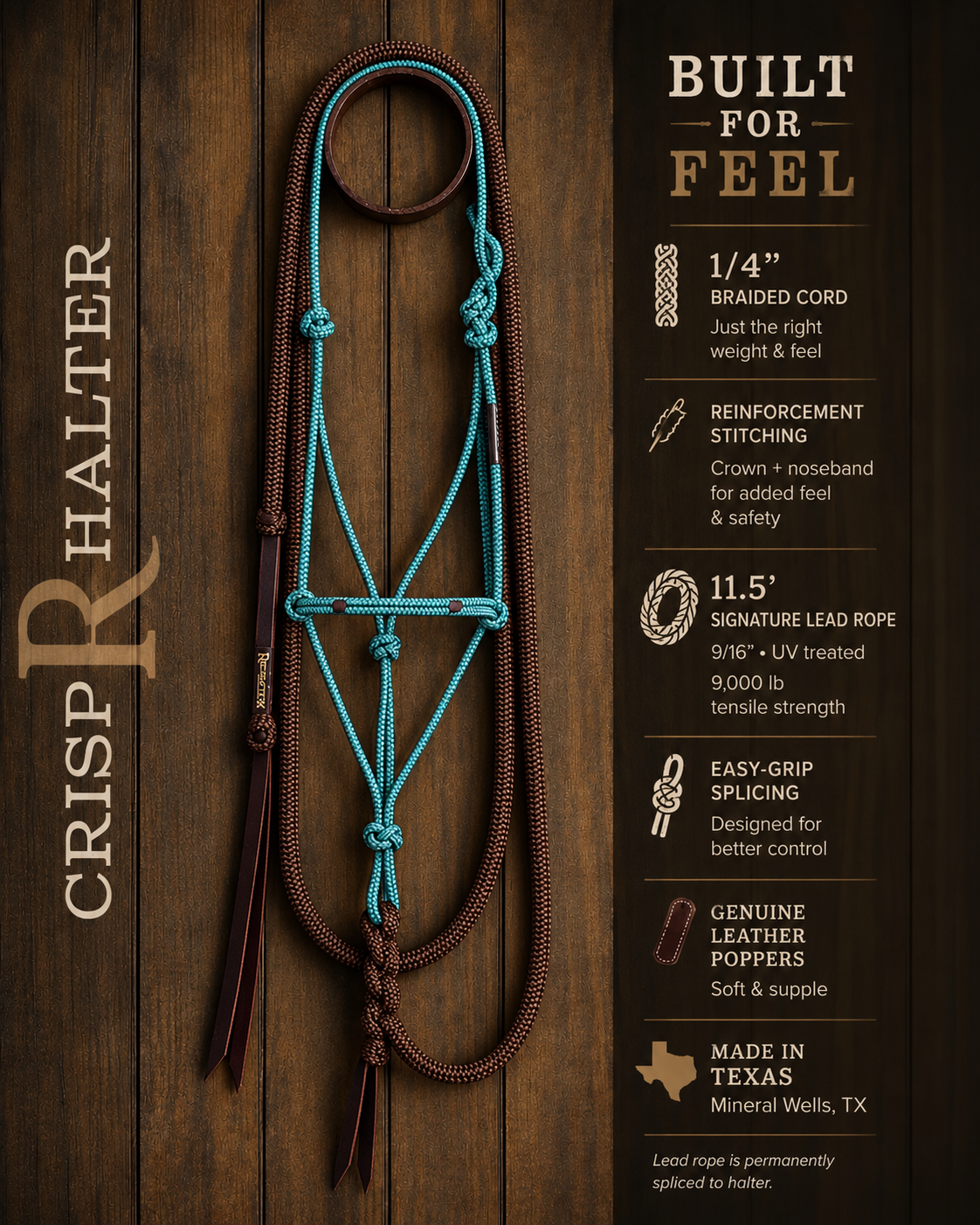 HayChix Redemption Rope Halter + Lead Rope Set - Crisp w/Brown Lead